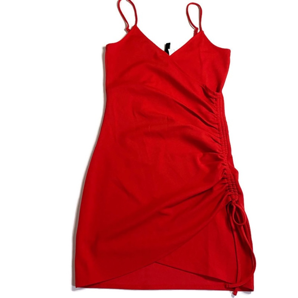 Red ruched mini dress